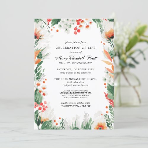 Celebration of Life Orange White Floral Funeral Invitation