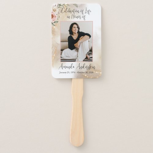 Celebration of Life Peach and Gold Obituary Hand Fan