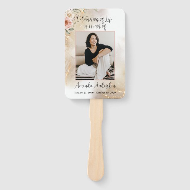 Celebration of Life Peach & Gold Order of Service Hand Fan (Front)