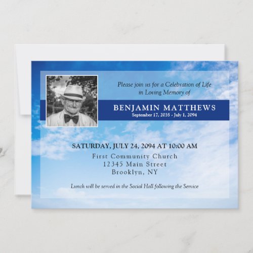 Celebration of Life Photo Blue Sky Funeral Burial Invitation