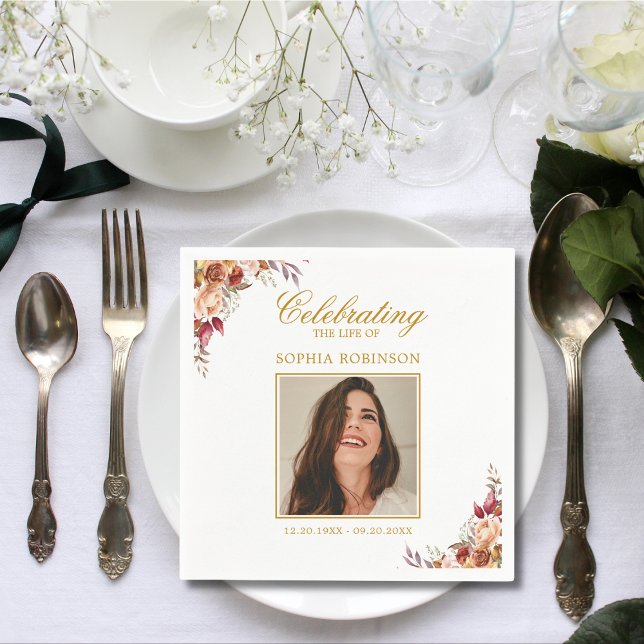 Celebration of Life Photo Floral Memorial Napkins (Creator Uploaded)