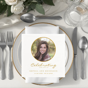 Celebration of Life Photo Gold Script Funeral Napkins