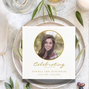 Celebration of Life Photo Gold Script Funeral Napkins