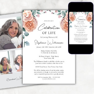 Celebration of Life Photo Peach Roses Funeral  Invitation