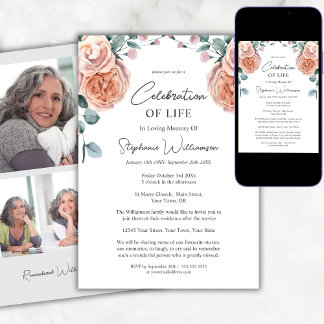 Celebration of Life Photo Peach Roses Funeral Invitation