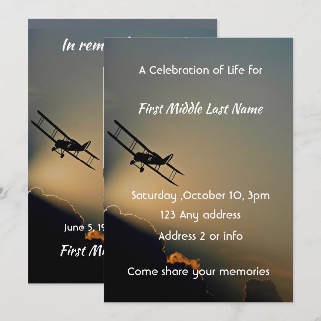 Celebration of Life  Photo Pilot Airplane Flying  Invitation (Front/Back)
