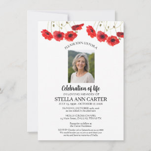 Celebration of Life Photo Poppies Funeral Invitation