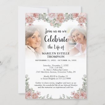 Celebration of Life Pink Floral 3 Photos Memorial Invitation | Zazzle