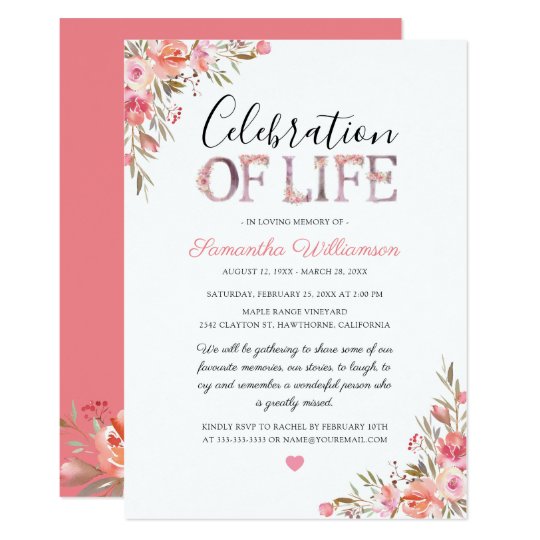 Celebration Of Life Pink Floral Funeral Invitation Zazzle Com