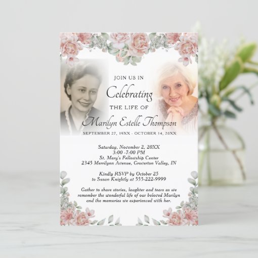 Celebration of Life Pink Floral Photo Invitation | Zazzle