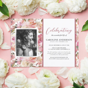 Celebration of Life Pink Floral Photo Invitation