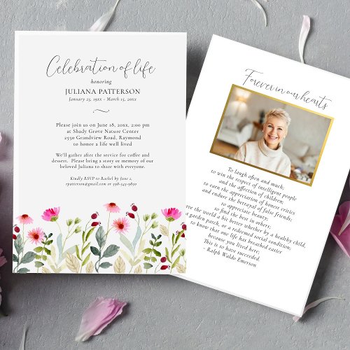 Celebration of Life Pink Painted Floral Funeral Invitation