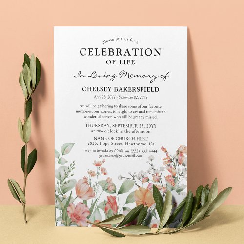 Celebration of Life Pink  Peach Floral Memorial Invitation