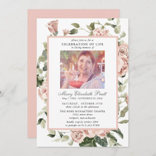 Celebration of Life Pink Rose Floral Photo Invitation