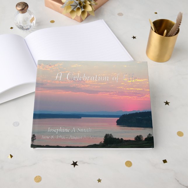 Celebration of Life Pink Sunset Memorial Foil Guest Book (Front Open)