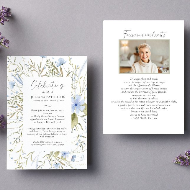 Celebration of Life Pretty Blue Floral Funeral Invitation (Creator Uploaded)