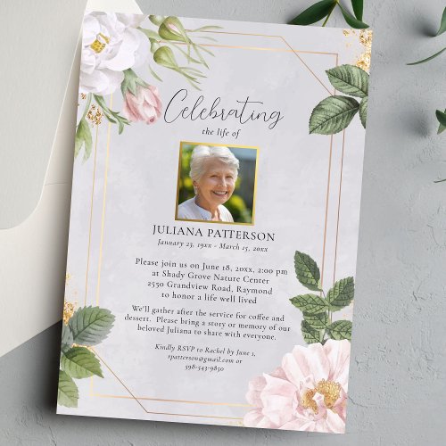 Celebration of Life Pretty Floral Funeral Photos Invitation