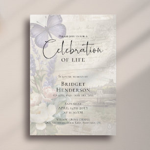 Celebration of Life Purple Butterfly Peony Funeral Invitation