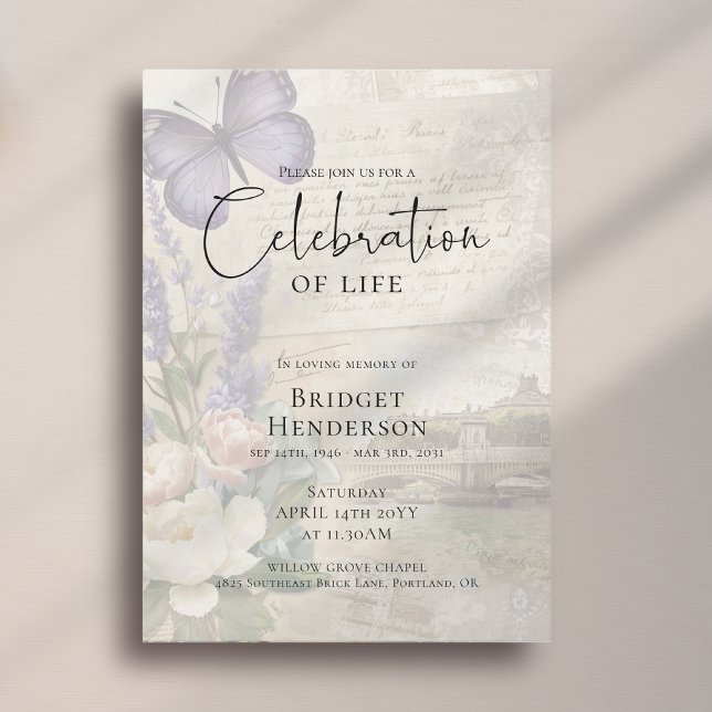 Celebration of Life Purple Butterfly Peony Funeral Invitation (Creator Uploaded)