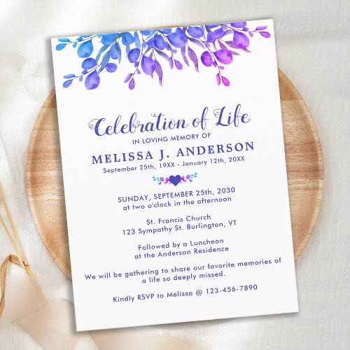 Celebration Of Life Purple Eucalyptus Funeral  Invitation Postcard