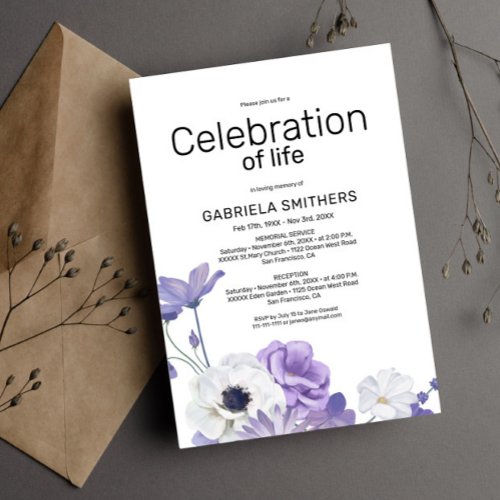 Celebration of life Purple Floral Funeral Memorial Invitation