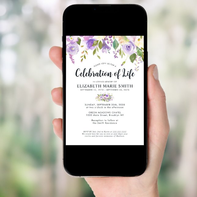 Celebration of Life Purple Floral Funeral Memorial Invitation (Front Digital)