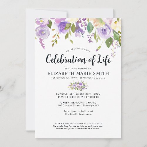 Celebration of Life Purple Floral Funeral Memorial Invitation