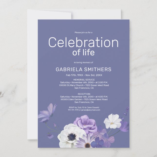 Celebration of life Purple Floral Funeral Memorial Invitation (Front)