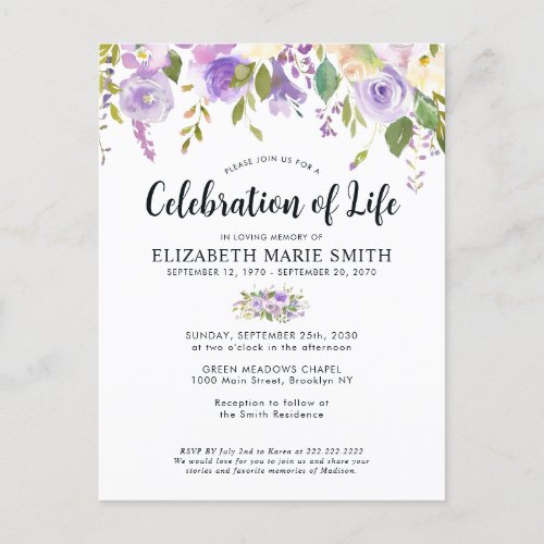 Celebration of Life Purple Floral Funeral Memorial Postcard
