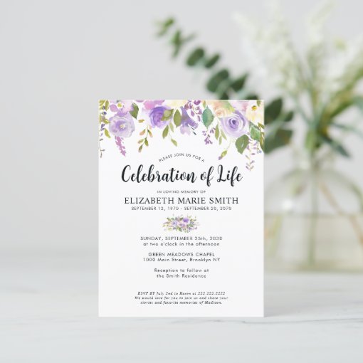 Celebration of Life Purple Floral Funeral Memorial Postcard | Zazzle