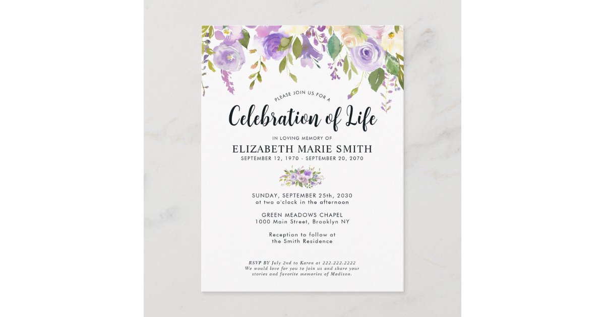Celebration of Life Purple Floral Funeral Memorial Postcard | Zazzle
