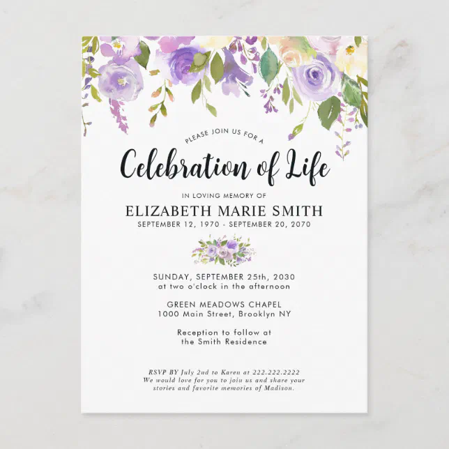 Celebration of Life Purple Floral Funeral Memorial Postcard | Zazzle