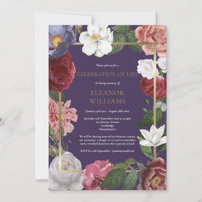 Celebration of Life Purple Gold Rose Floral  Invitation (Front)