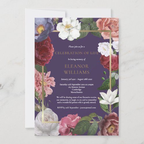 Celebration of Life Purple Gold Rose Floral  Invitation