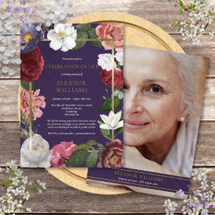Celebration of Life Purple Gold Rose Floral Photo Invitation