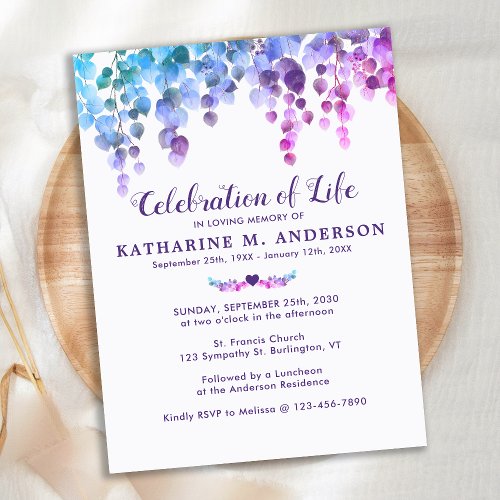 Celebration Of Life Purple Greenery Funeral Invitation Postcard
