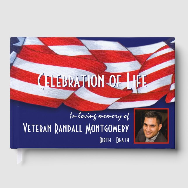 Celebration Of Life Red White Blue Custom Photo Guest Book (Front)