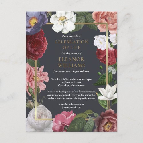 Celebration of Life Rose Floral Funeral Announcement Postcard