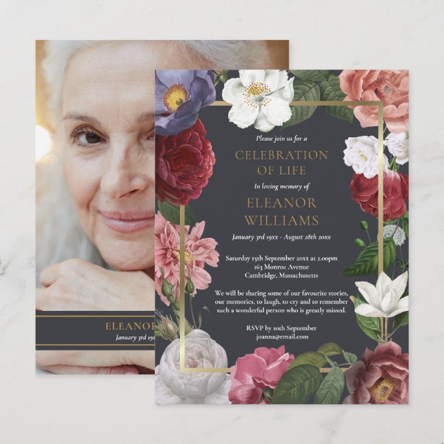 Celebration of Life Rose Floral Photo Announcement Postcard (Front/Back)