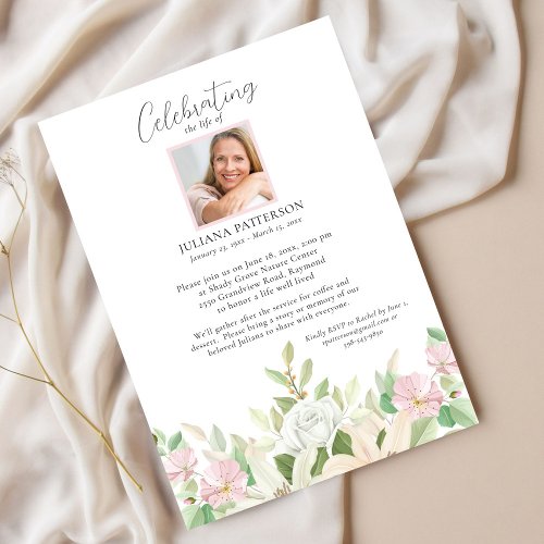 Celebration of Life Rose Lily Floral Funeral Photo Invitation