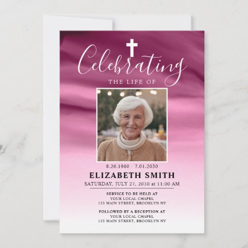 Celebration of Life Rose Pink Ombre Photo Funeral Invitation