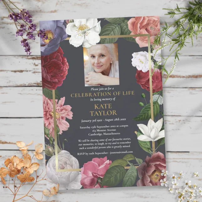 Celebration of Life Roses Floral Funeral Photo Invitation | Zazzle