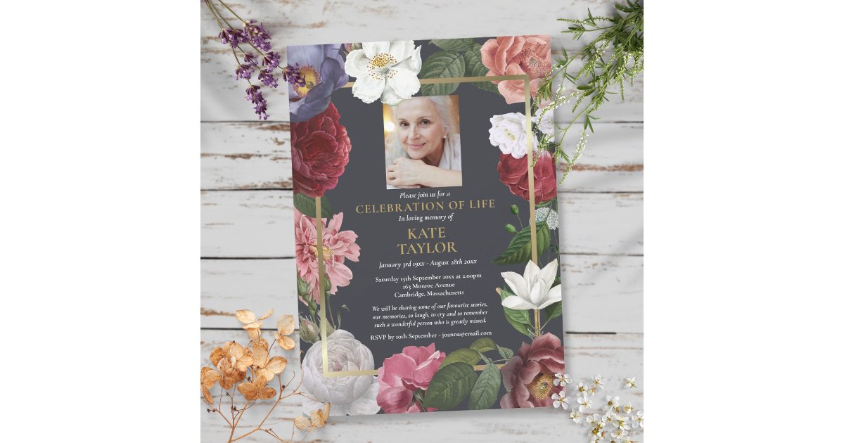 Celebration of Life Roses Floral Funeral Photo Invitation | Zazzle