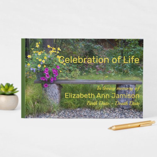 Celebration of Life Rustic Bench Flowers Memorial Guest Book