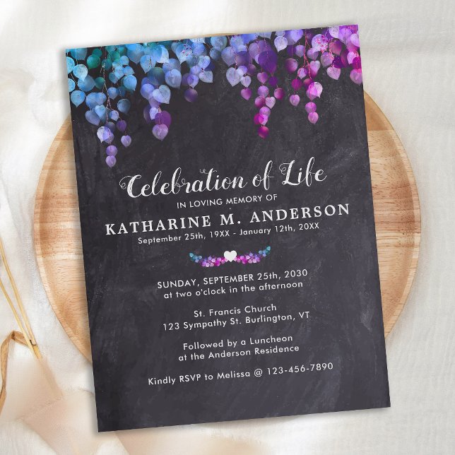 Celebration Of Life Rustic Purple Greenery Funeral Invitation Postcard (Creator Uploaded)