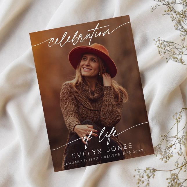 Celebration of Life Script Funeral Photo | Black Thank You Card (Creator Uploaded)