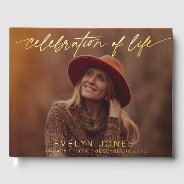 Celebration of Life Script Funeral Photo Foil Guest Book (Front)