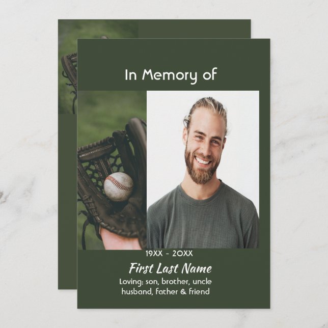Celebration of Life Service Baseball Game Player  Invitation (Front/Back)