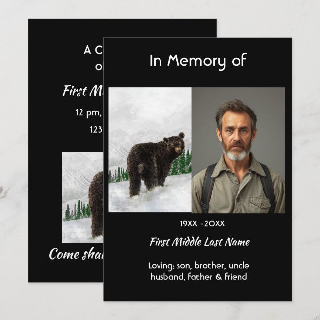 Celebration of Life Service Black Bear Animal Invitation (Front/Back)