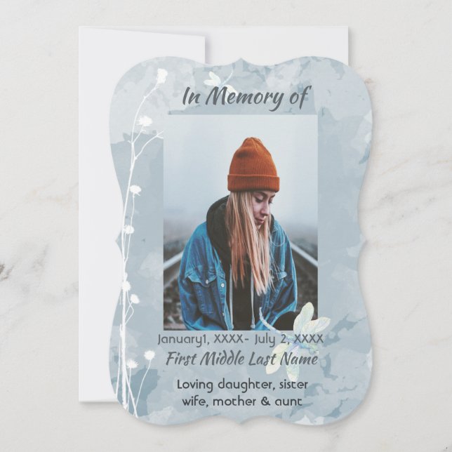 Celebration of Life Service Dragonfly White Flower Invitation (Front)